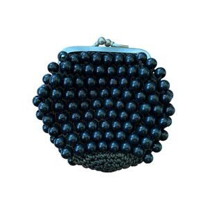 Vintage 1940s 50s Black Beaded Crochet Change Purse Kiss Lock Large Beads